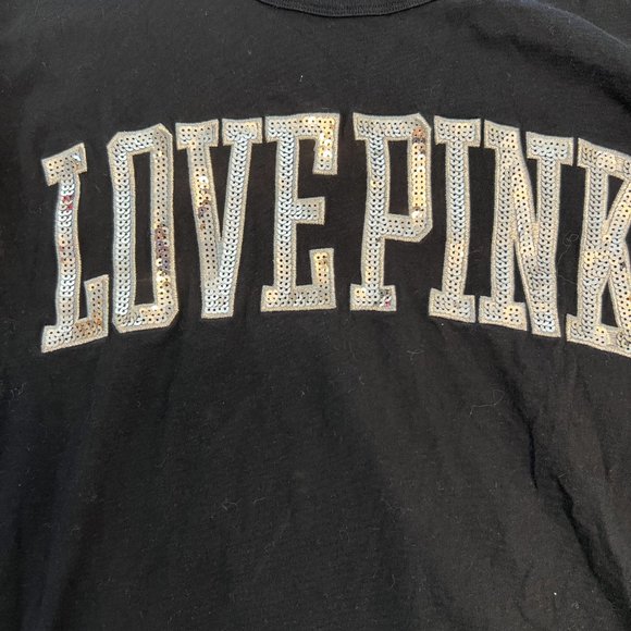 PINK Victoria Secret Black Top silver Sequins Sz L Short Sleeves LOVE PINK - Picture 4 of 6